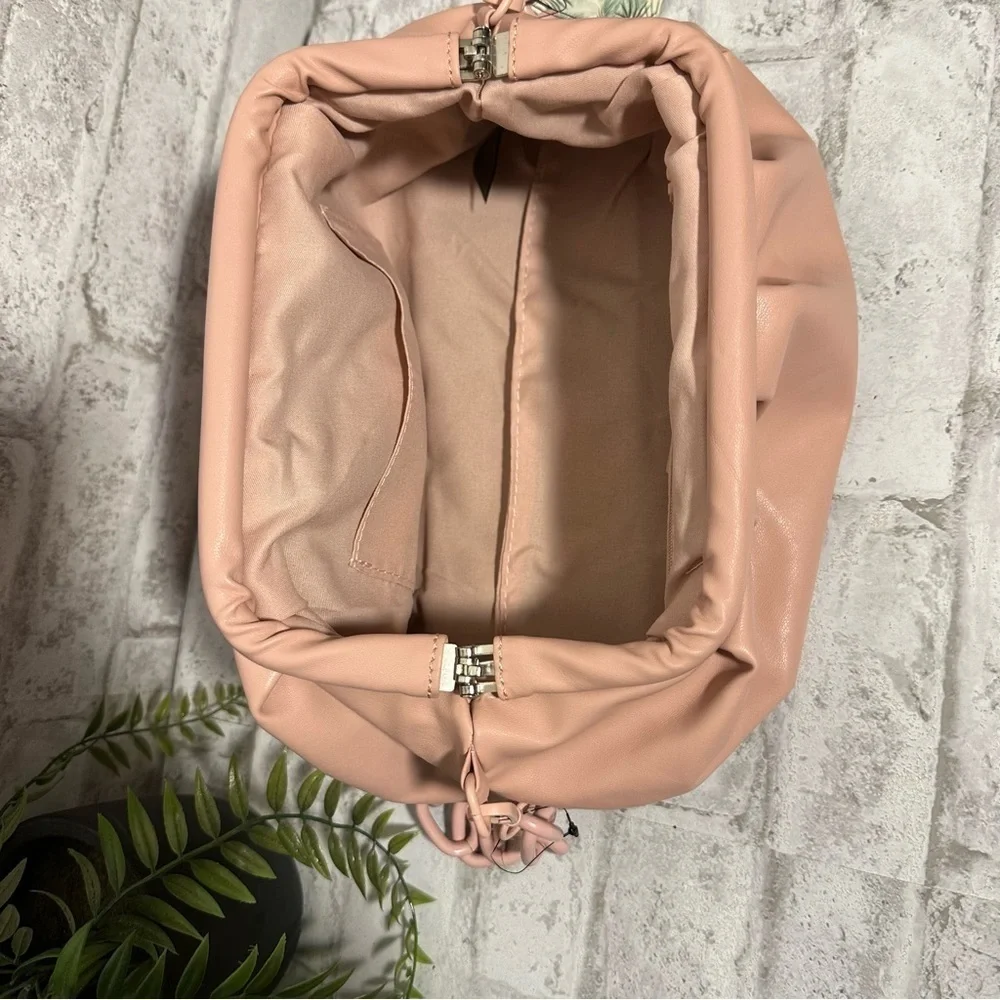NWT BADGLEY MISCCHKA Blush Pink Wrapped Frame Clutch Ruched Chain Vegan‎ Leather